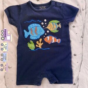 ⭒ 6M Babyboots Navy Blue Short Sleeve Romper Button-Up Ocean Fish Theme ⭒